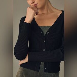 Maeve Anthropologie Slim Rib Long Sleeve Button Cardigan Sweater Black Small